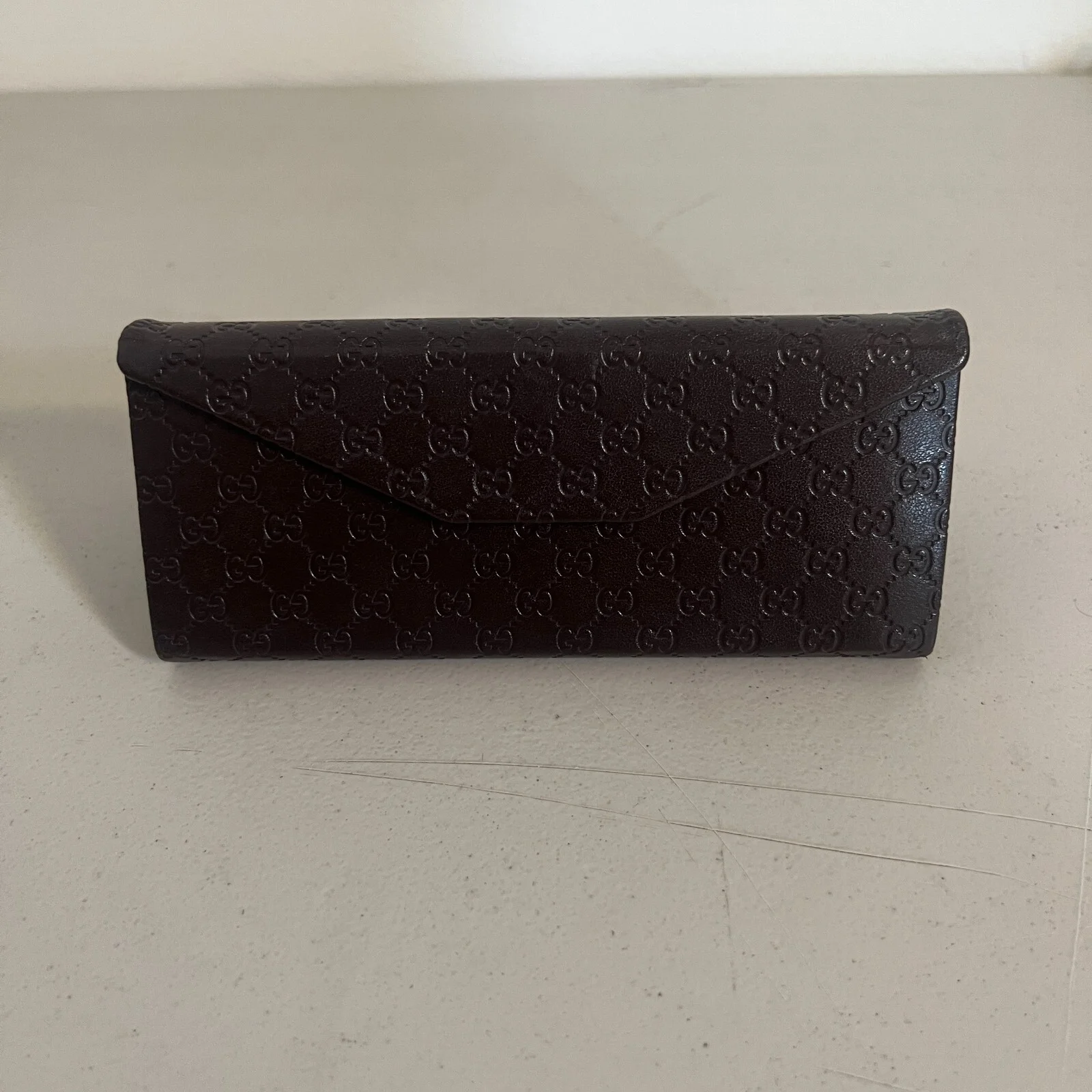 Gucci Sunglasses Eyeglasses Case Foldable Brown Embossed Leather Snap Closure