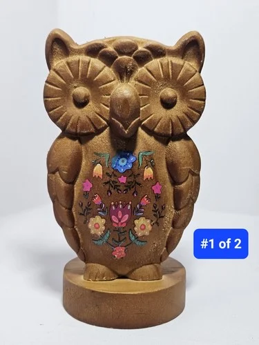 Hand Carved Wooden Owl Eyeglass Holder Handpainted Flowers by Natural Life
