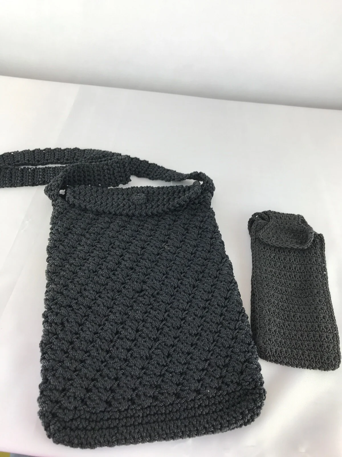 Handbag Crochet Black Shoulder Crochet Black Eye Glass Case Flap Button Closure