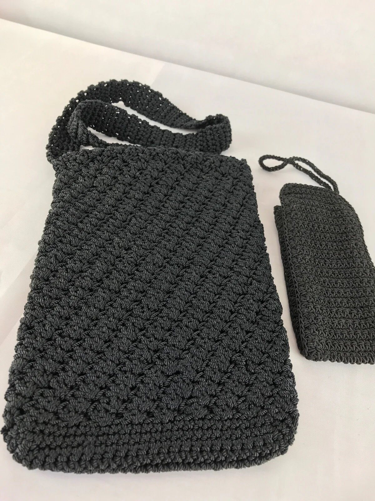 Handbag Crochet Black Shoulder Crochet Black Eye Glass Case Flap Button Closure 2