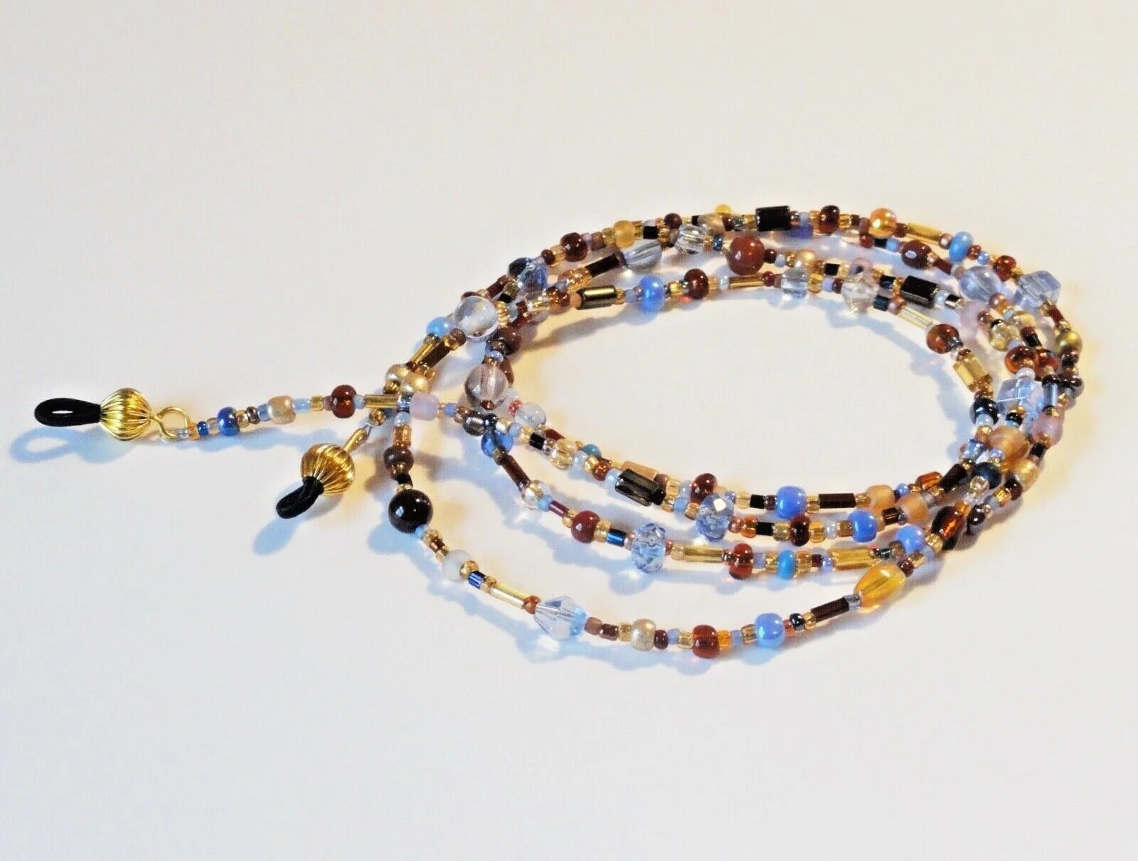 Handcrafted Beaded Eyeglass Chain, Brown, Gold, Blue, Glass Beads, Length Option