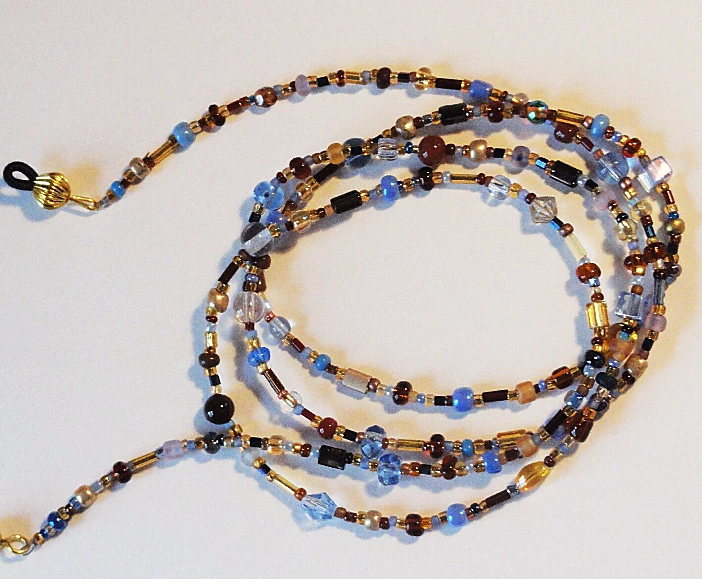 Handcrafted Beaded Eyeglass Chain, Brown, Gold, Blue, Glass Beads, Length Option 2