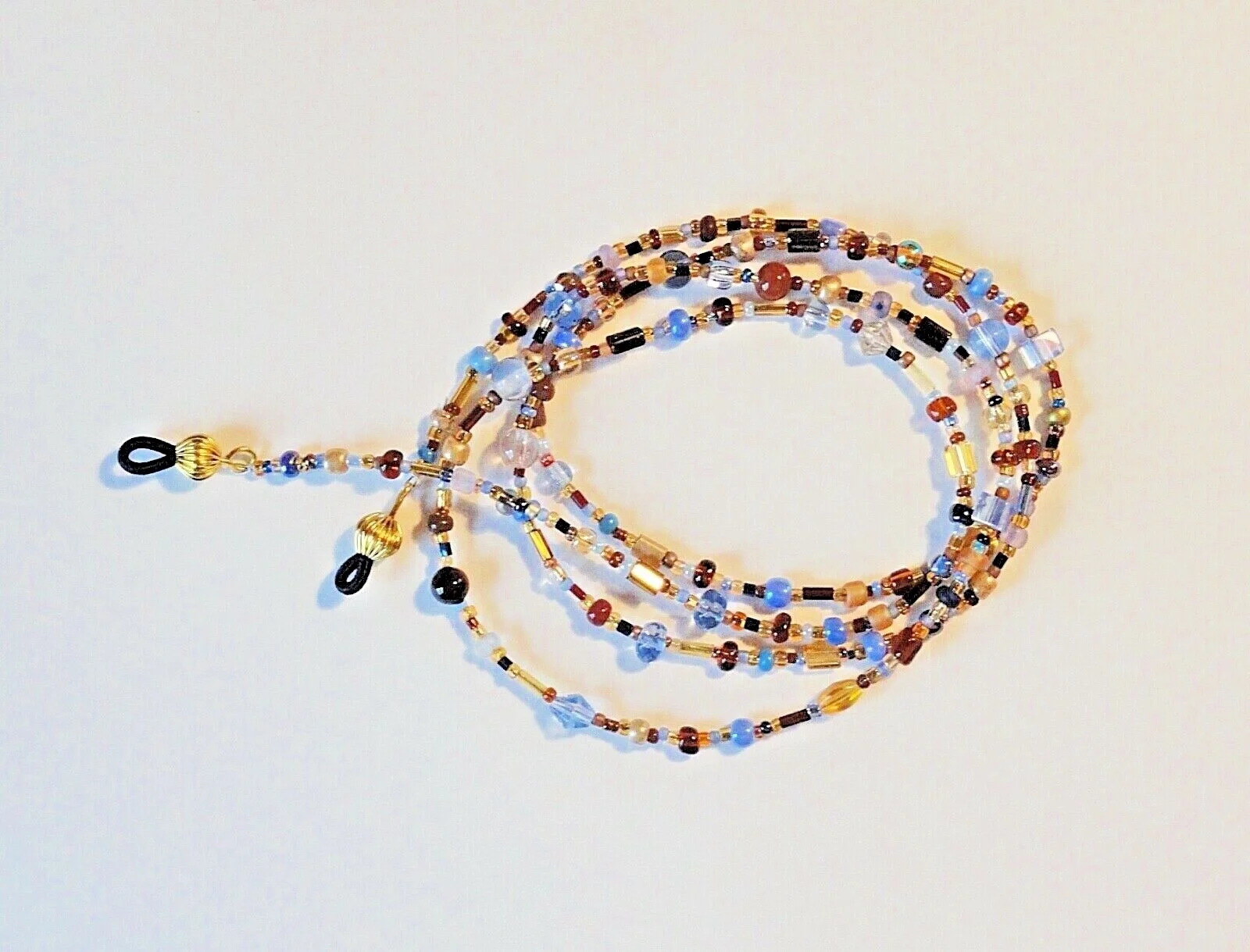 Handcrafted Beaded Eyeglass Chain, Brown, Gold, Blue, Glass Beads, Length Option 3
