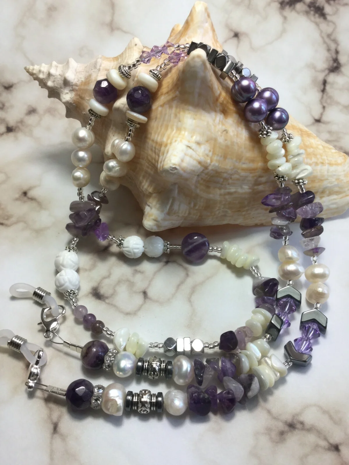 Handmade Amethyst Stone Pearl Eyeglass Holder/Lanyard W/Swarovski Elements USA