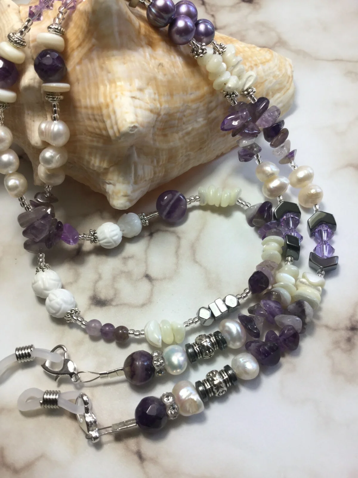 Handmade Amethyst Stone Pearl Eyeglass Holder/Lanyard W/Swarovski Elements USA 2
