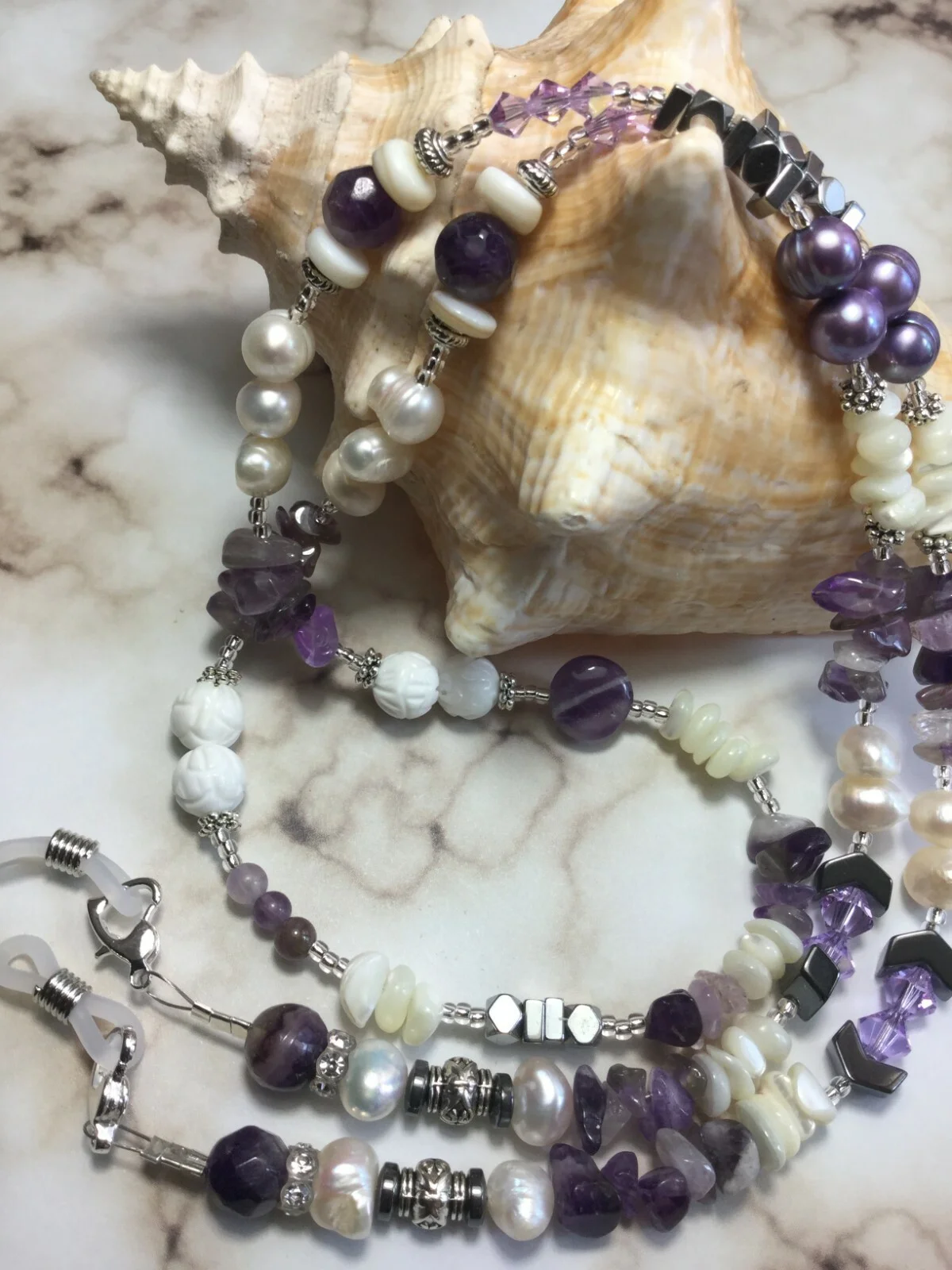 Handmade Amethyst Stone Pearl Eyeglass Holder/Lanyard W/Swarovski Elements USA 4