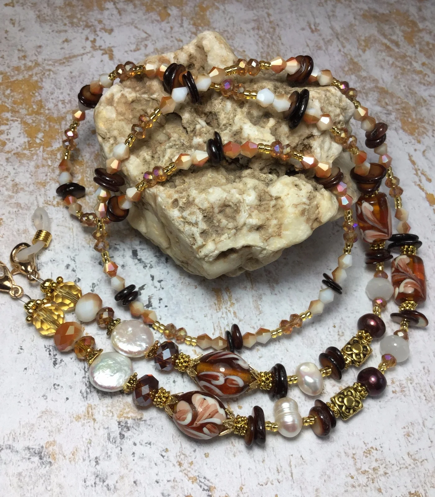 Handmade Brown Crystal Pearl Eyeglass/ID Badge Holder W/Swarovski Elements USA