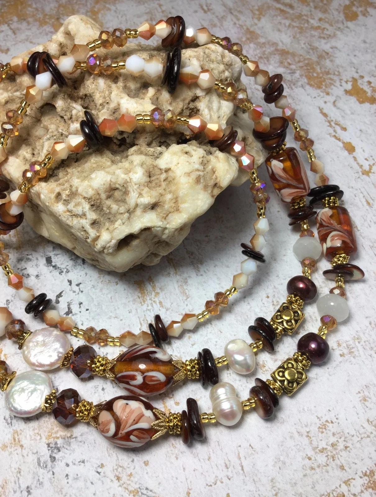 Handmade Brown Crystal Pearl Eyeglass/ID Badge Holder W/Swarovski Elements USA 3