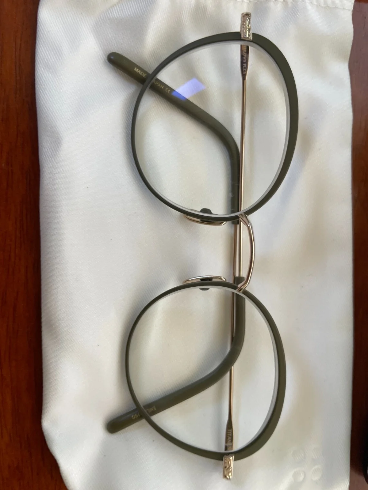 Handmade Japanese Sage Green Glasses with Gold Accents from Yellows Plus 3