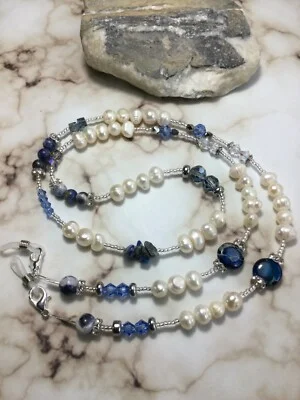 Handmade Stone Pearl Eyeglass Chain Holder/Lanyard W/Swarovski Elements USA