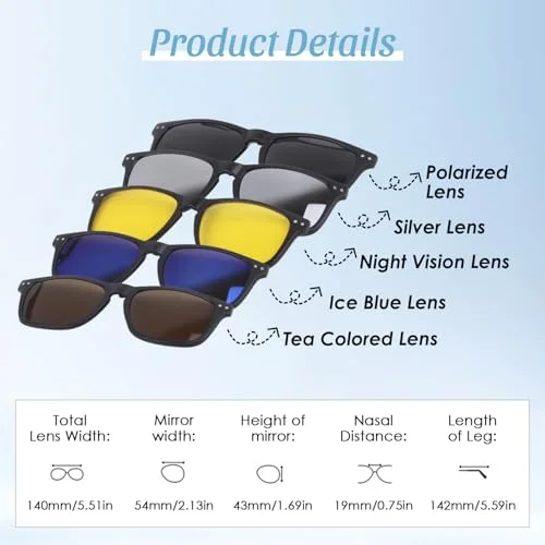 Hapivida Magnetic Clip On Sunglasses, TR Rectangular Frame with 5 Clip Set Stylish Sun Shades Retro Night Driving Eyeglasses for Men Women 2