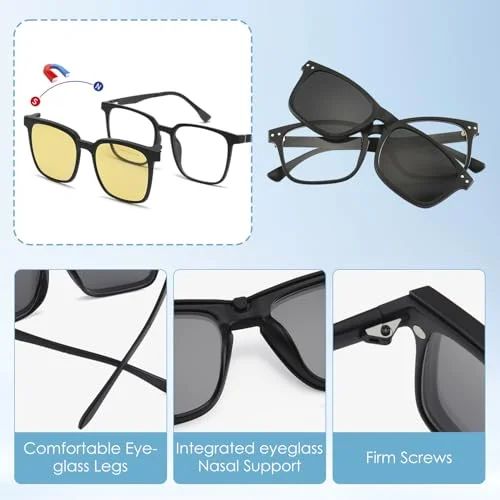 Hapivida Magnetic Clip On Sunglasses, TR Rectangular Frame with 5 Clip Set Stylish Sun Shades Retro Night Driving Eyeglasses for Men Women 3