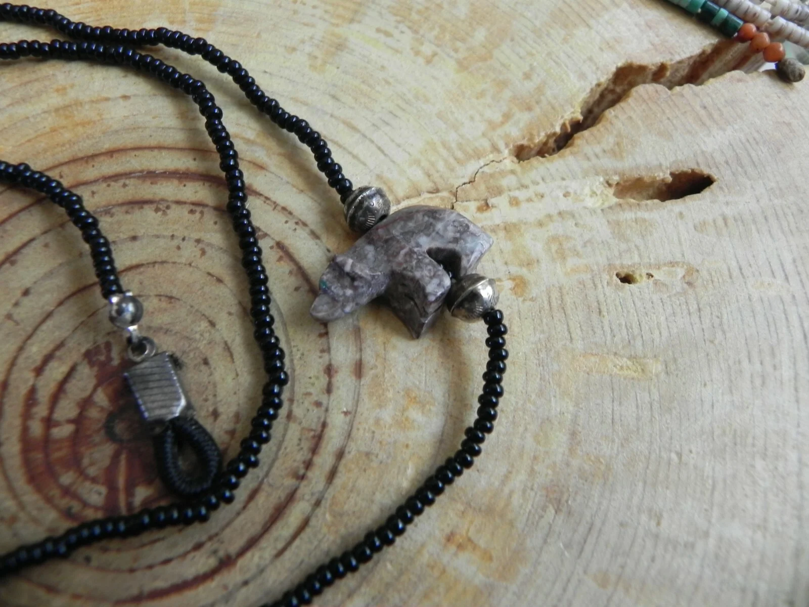 Jasper BEAR, Sterling Silver & Black Seed Beads EYE GLASSES holder Santo Domingo 3