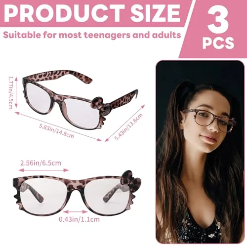 JATEBI 3 Pairs Cheetah Print Kawaii Glasses Square Bow Design Glasses Leopard Print Sunglasses Y2k Grunge Accessories for Women Cosplay 2