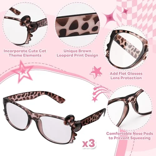 JATEBI 3 Pairs Cheetah Print Kawaii Glasses Square Bow Design Glasses Leopard Print Sunglasses Y2k Grunge Accessories for Women Cosplay 3