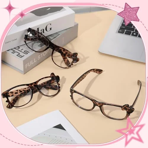 JATEBI 3 Pairs Cheetah Print Kawaii Glasses Square Bow Design Glasses Leopard Print Sunglasses Y2k Grunge Accessories for Women Cosplay 4