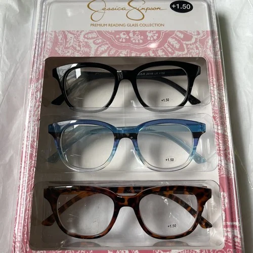 JESSICA SIMPSON 3 PACK PREMIUM READING GLASSES TORTO BLUE & BLACK STYLISH +1.50 2