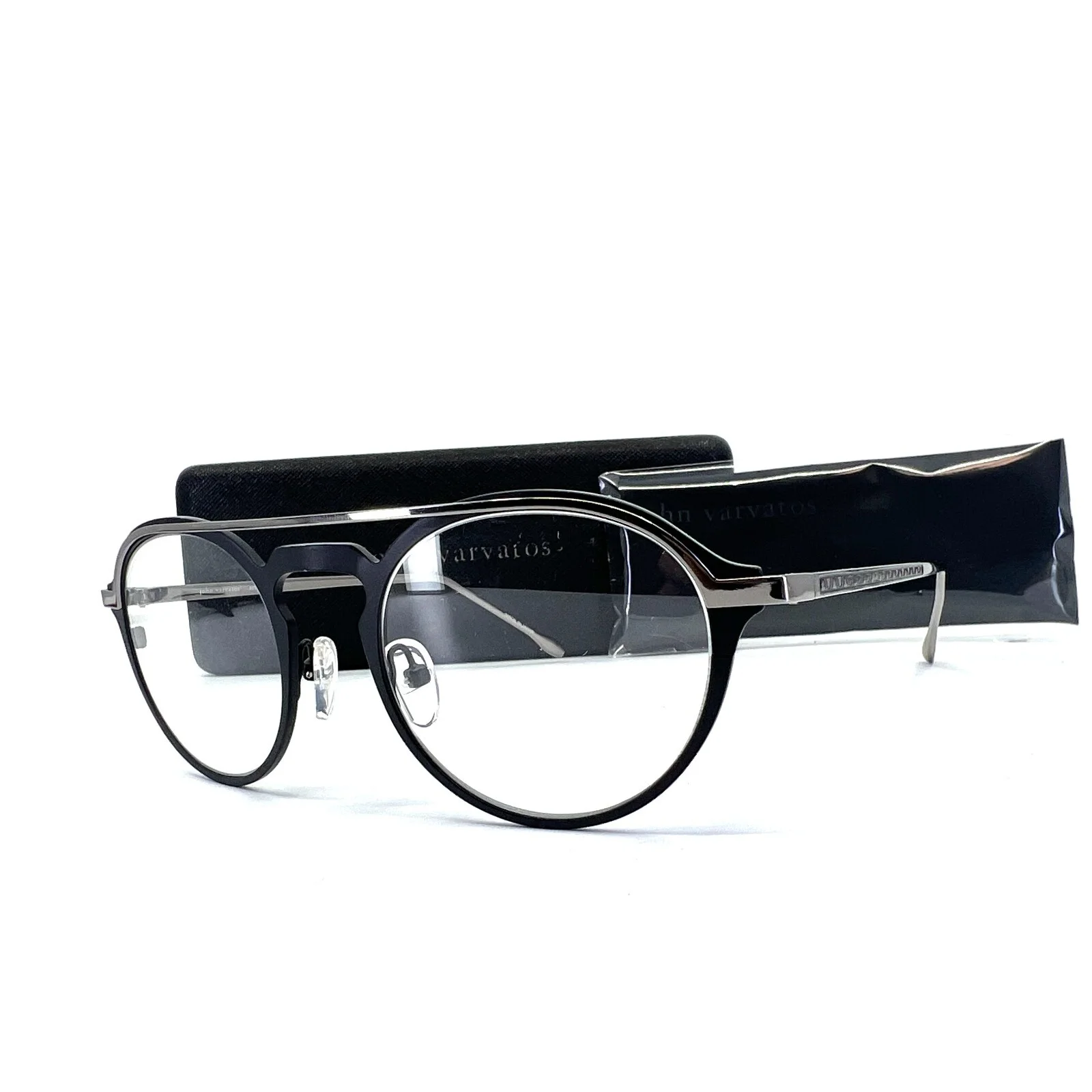John Varvatos Eyeglasses Frames V160 Matte Black Silver Round 50-21-140 w/Case