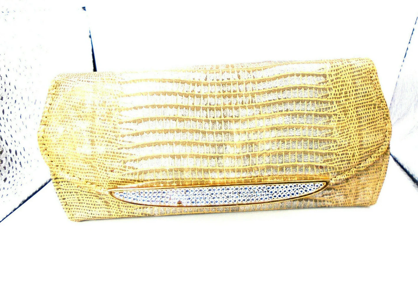 Judith Leiber Magnetic Clutch Eyeglasses Case Gold Lizard with Rhinestones