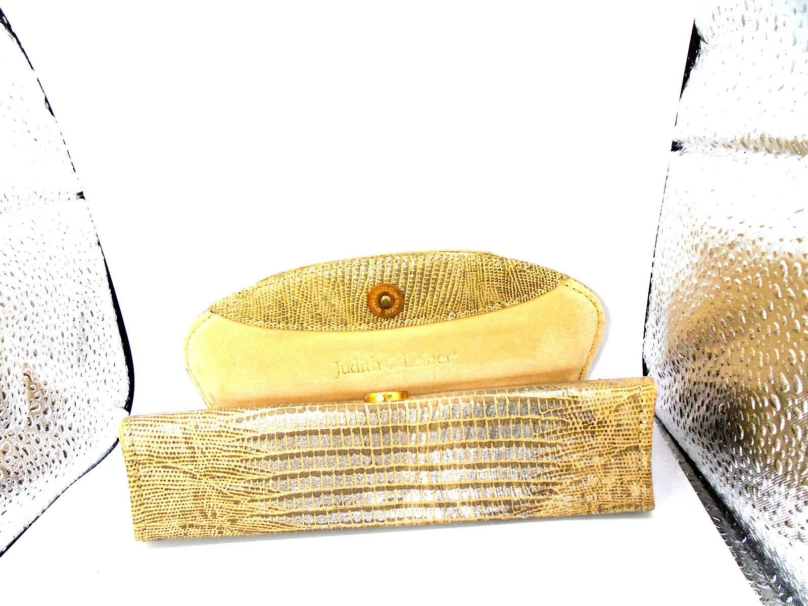 Judith Leiber Magnetic Clutch Eyeglasses Case Gold Lizard with Rhinestones 2