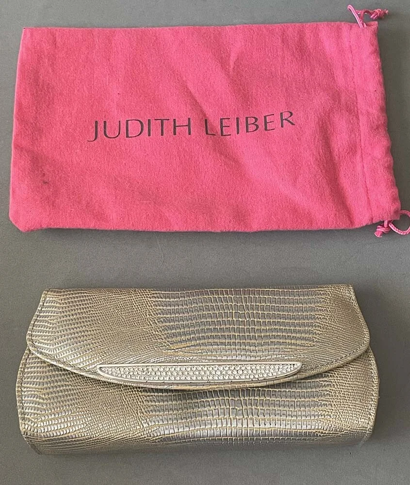 JUDITH LEIBER Swarovski Crystal Eyeglasses Reptile Clutch Case with Pouch Cloth