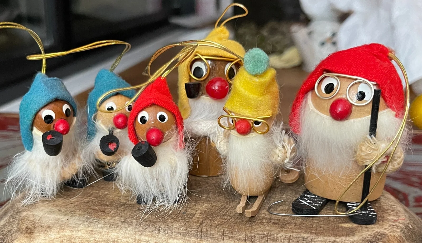 Kurt Adler Gnomes set of 6 ornaments: Pipes, eyeglasses, skis 2