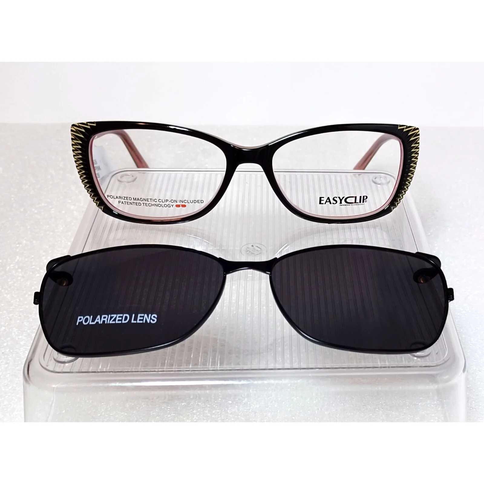 Ladies Black & Pink Chrome Polarized EasyClip Wing Cat Eyeglasses NWT 54-17-135 1