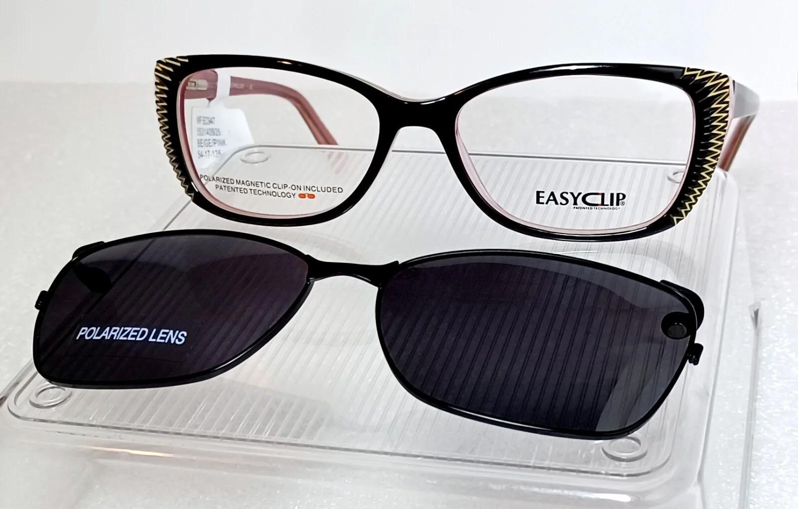 Ladies Black & Pink Chrome Polarized EasyClip Wing Cat Eyeglasses NWT 54-17-135 2