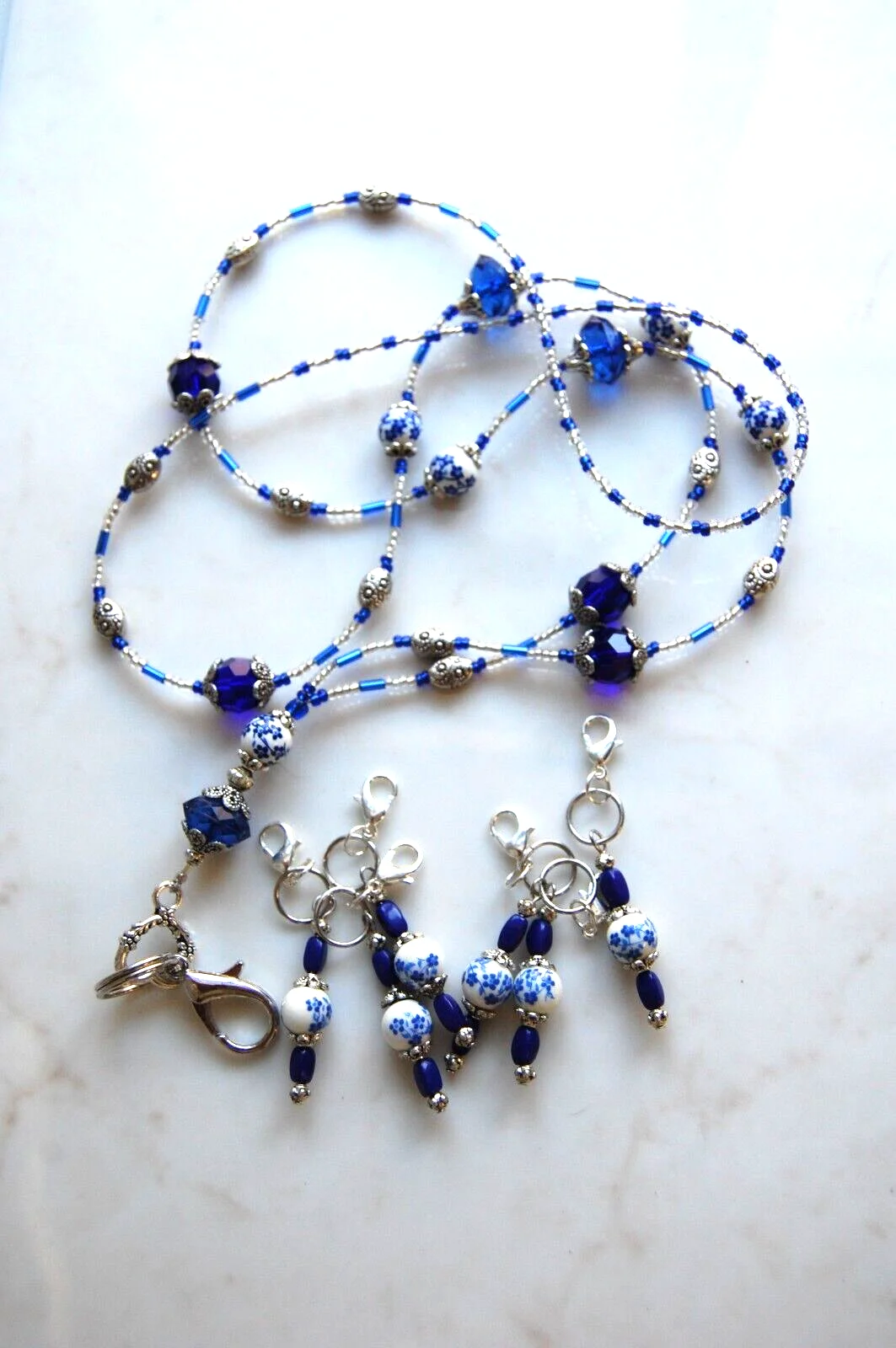 Lanyard/Eyeglass holder with Blue floral Stitch markers, Otterlily Originals SM2