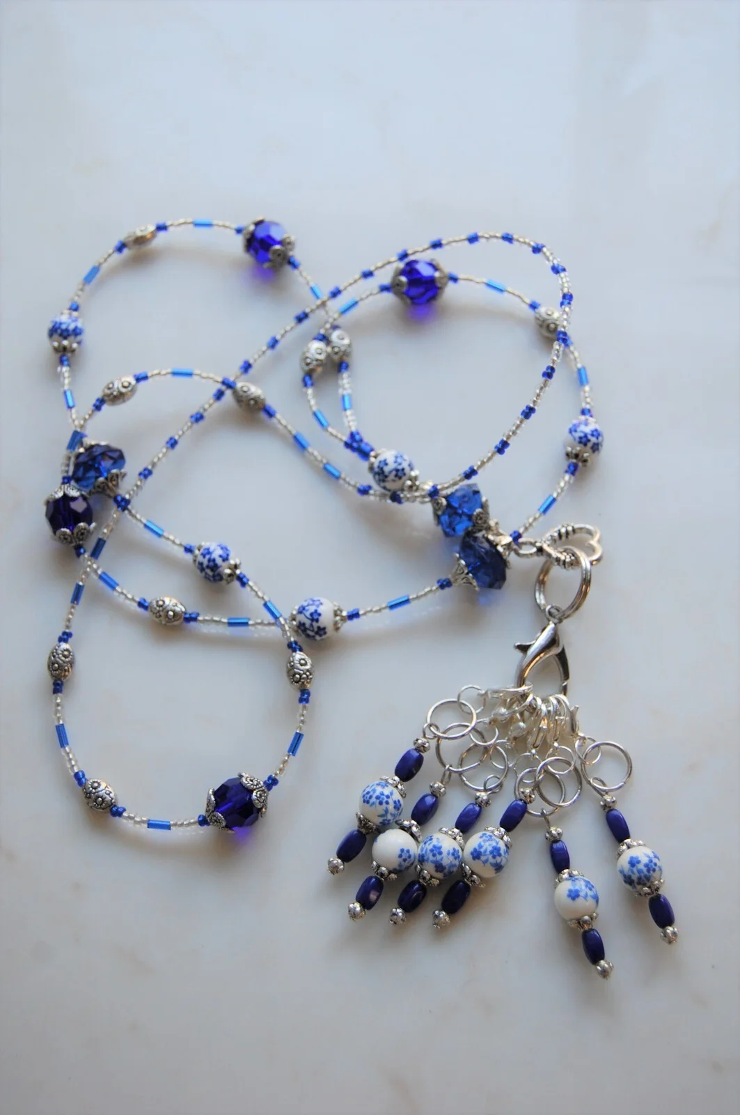 Lanyard/Eyeglass holder with Blue floral Stitch markers, Otterlily Originals SM2 4