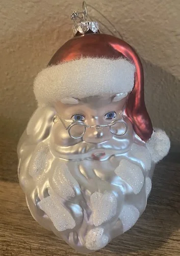 Large Santa Head Glass Ornament w/ Eyeglasses 5” Tall