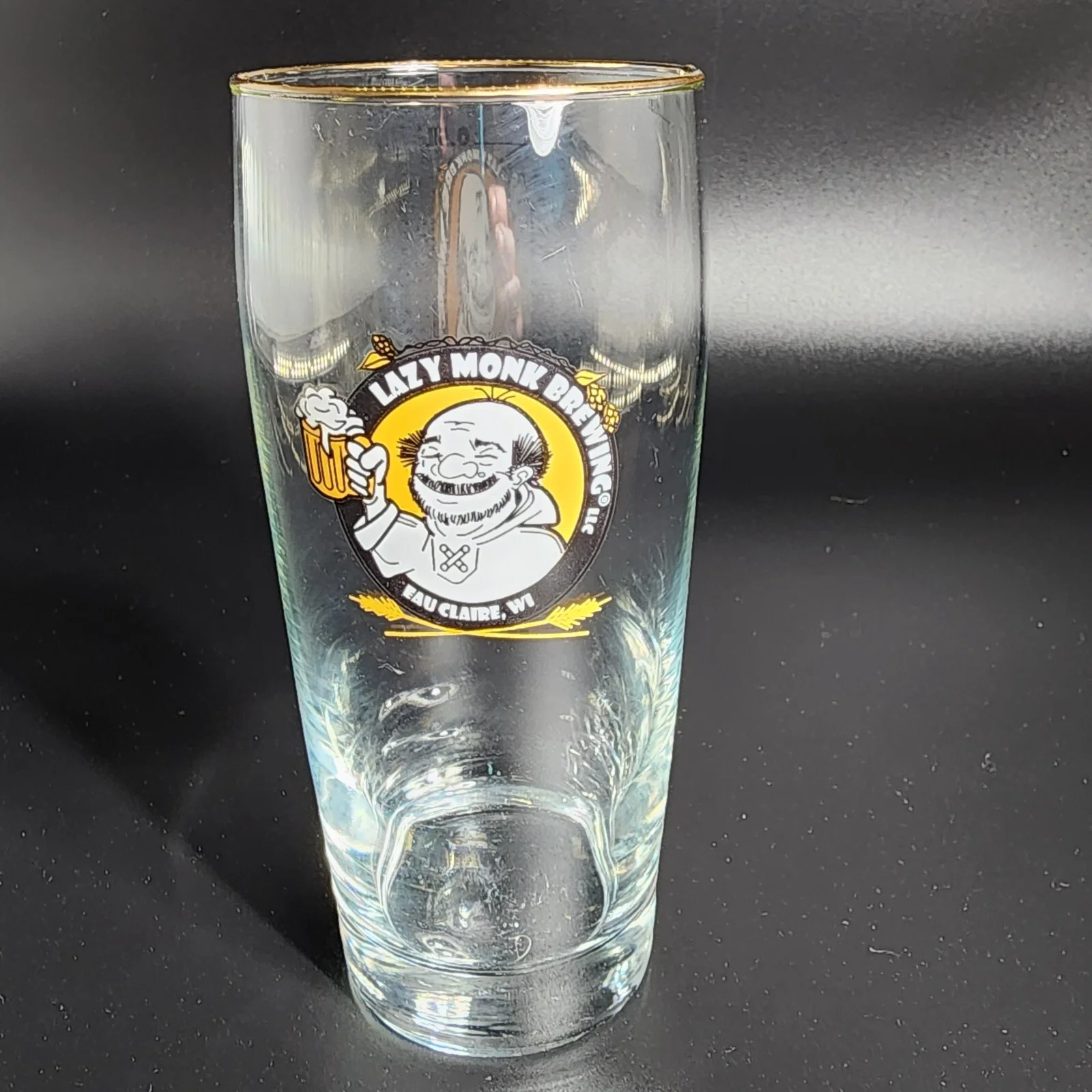 Lazy Monk Brewing LLC Pub Pint Glassware Gold Rim Eau Claire WI Bier Hall Garden