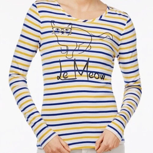 Le Meow French Cat Lady Tee Size M Eyeglasses Striped Long Sleeve T Shirt Womens