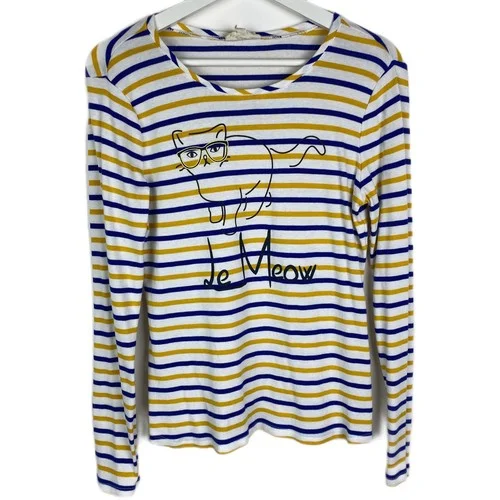 Le Meow French Cat Lady Tee Size M Eyeglasses Striped Long Sleeve T Shirt Womens 2