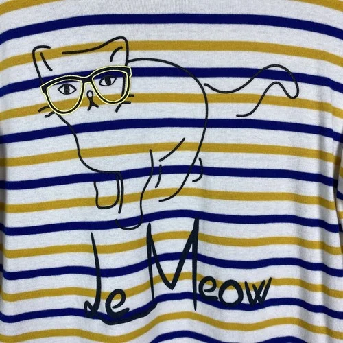 Le Meow French Cat Lady Tee Size M Eyeglasses Striped Long Sleeve T Shirt Womens 3