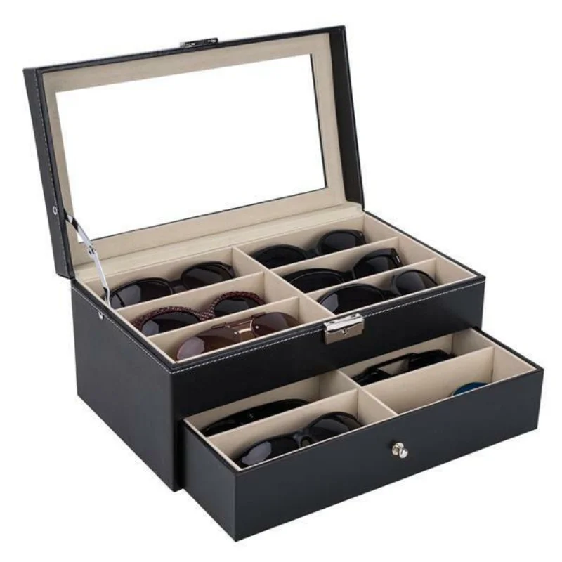 Leather 12pcs Eyeglasses Storage Sunglass Glasses Display Drawer Lockable Case 2