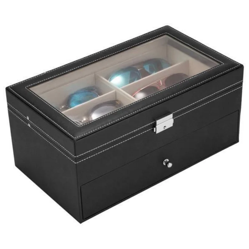 Leather 12pcs Eyeglasses Storage Sunglass Glasses Display Drawer Lockable Case 3
