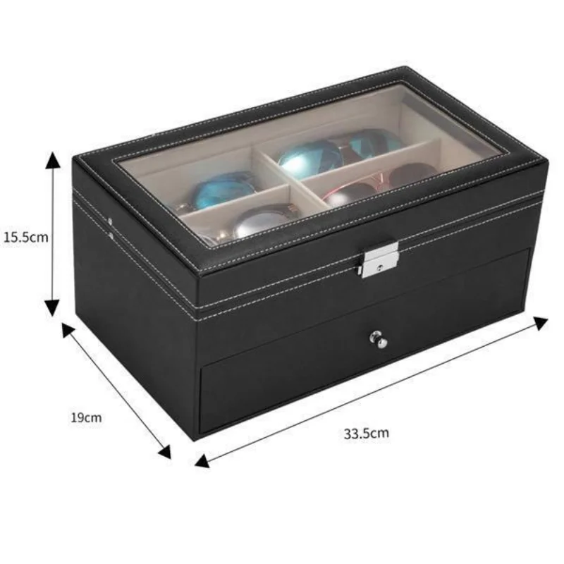 Leather 12pcs Eyeglasses Storage Sunglass Glasses Display Drawer Lockable Case 4