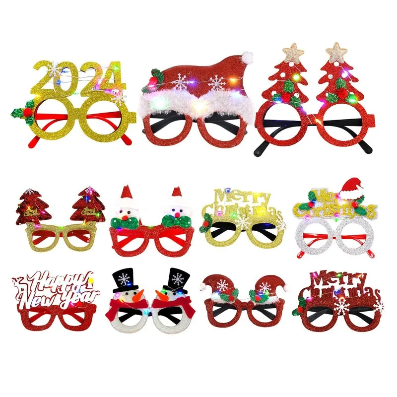 LED Christmas Glasses Frame 2024 Happy New Year Flashing Light up Eyeglasses