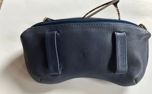 Levenger Double Eyeglass Blue Leather Belt Loops Travel Padded Zip Soft Case 2