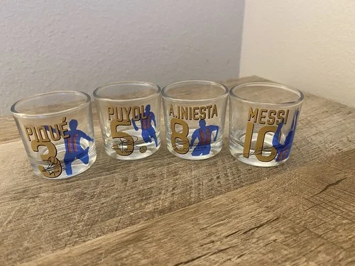 Lot Of 4 Clear FBS Shot Glasses Football Soccer Pique Iniesta Puyol Messi 2