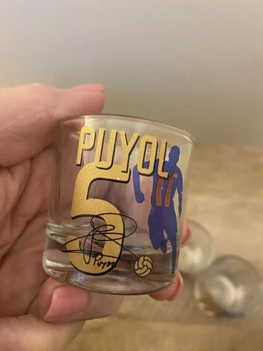 Lot Of 4 Clear FBS Shot Glasses Football Soccer Pique Iniesta Puyol Messi 4