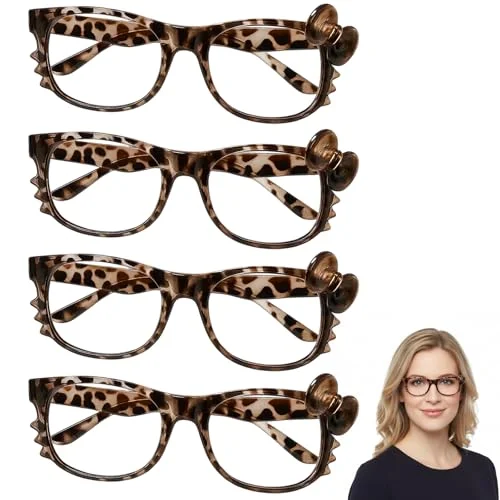 LQDXZQ 4-Pack Non-Prescription Glasses, Cheetah Print Glasses,Fashionable and Lightweight, Perfect for Daily Use and Costume Parties