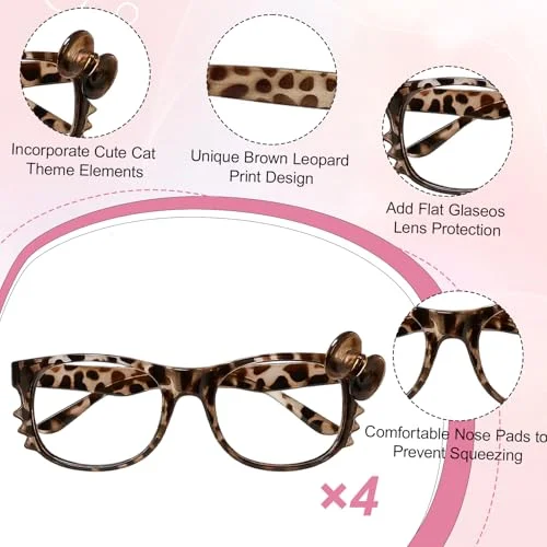 LQDXZQ 4-Pack Non-Prescription Glasses, Cheetah Print Glasses,Fashionable and Lightweight, Perfect for Daily Use and Costume Parties 3