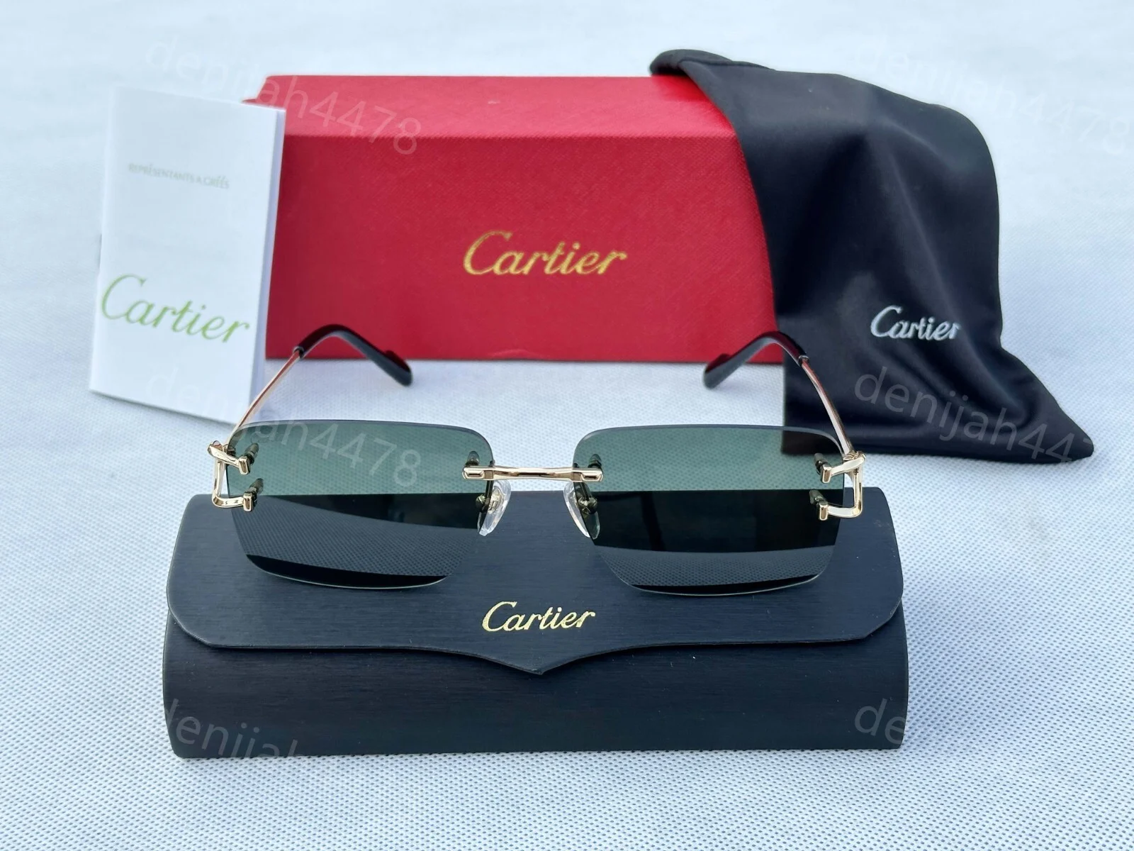 Men Cartier C De Sunglasses Rimless Glasses Green Lenses Eyeglasses