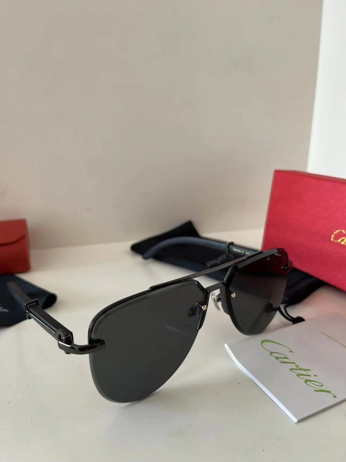 Men Cartier Rimless Wood Sunglasses Eyeglasses Gradient Black lens 145MM 2