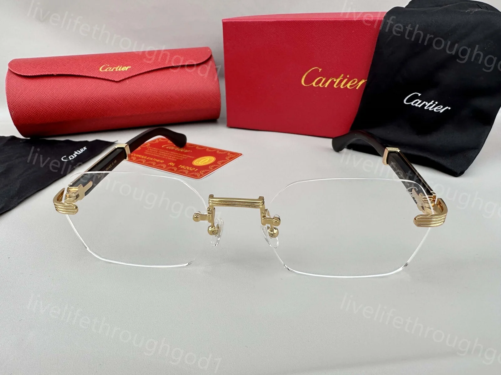 Men Cartier Sunglasses Rimless Wood Gold frame Eyeglasses Blue Lens