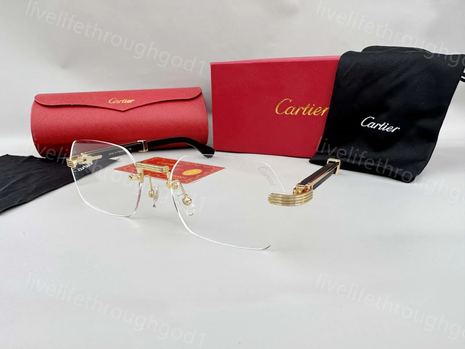 Men Cartier Sunglasses Rimless Wood Gold frame Eyeglasses Blue Lens 2