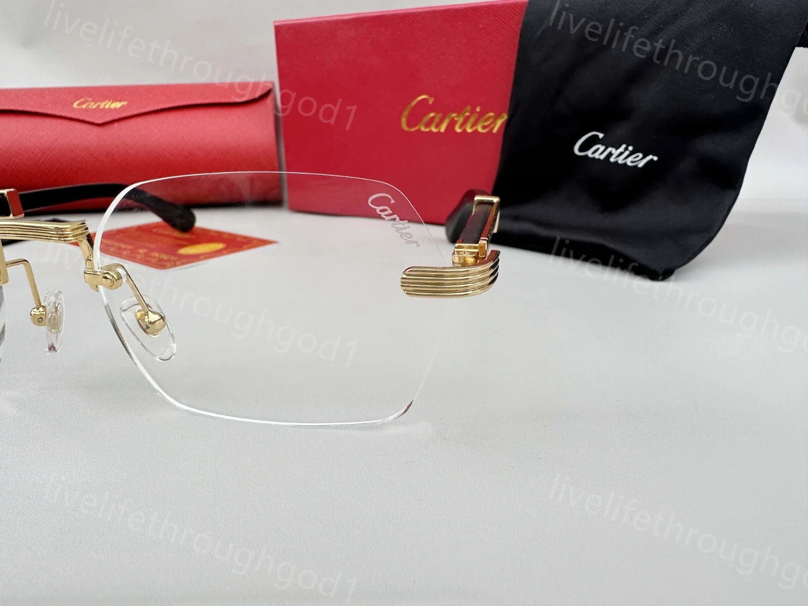 Men Cartier Sunglasses Rimless Wood Gold frame Eyeglasses Blue Lens 3