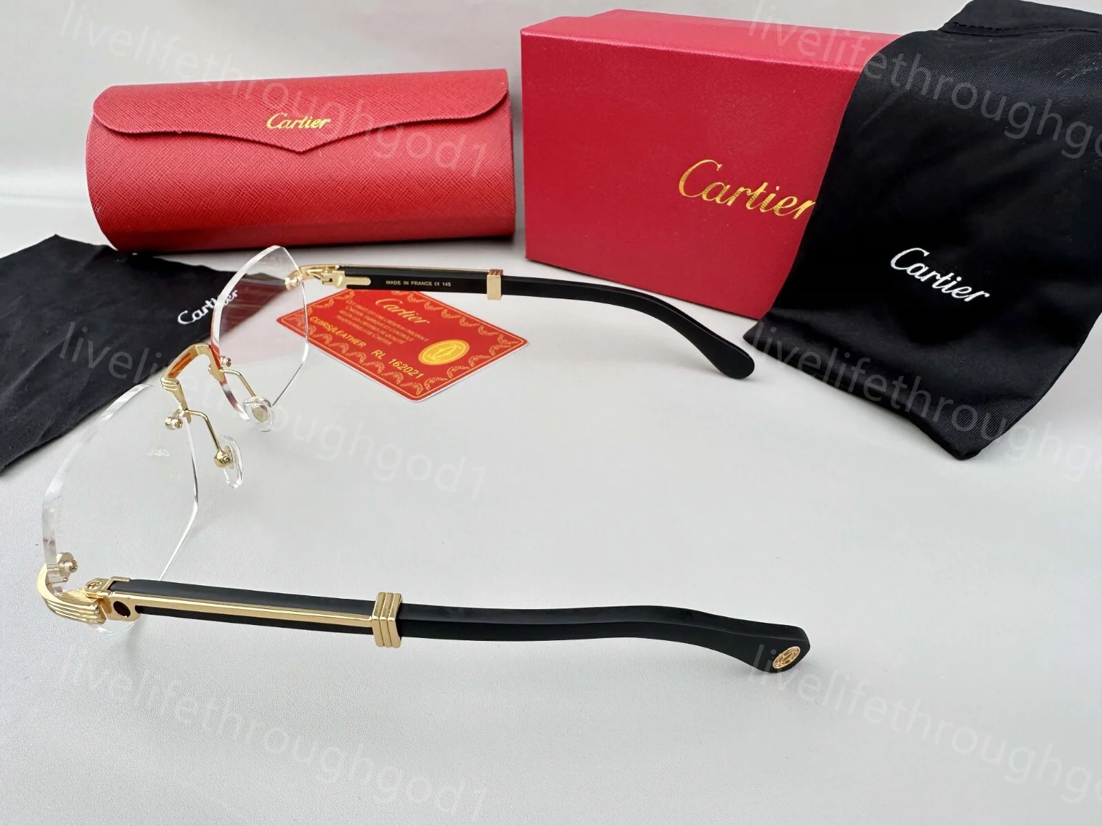 Men Cartier Sunglasses Rimless Wood Gold frame Eyeglasses Blue Lens 4